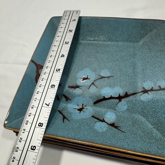 Pier 1 Tranquil Square Salad Plates 8" Stoneware Green Cherry Blossoms Set of 5 - Picture 8 of 10